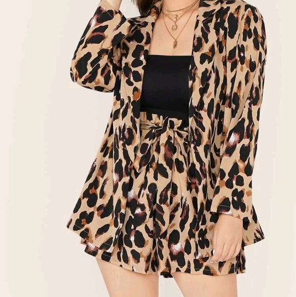 Shein Plus Leopard Blazer and belted shorts